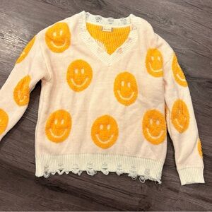 Smiley Face V-Neck Sweater - Cream and Orange
